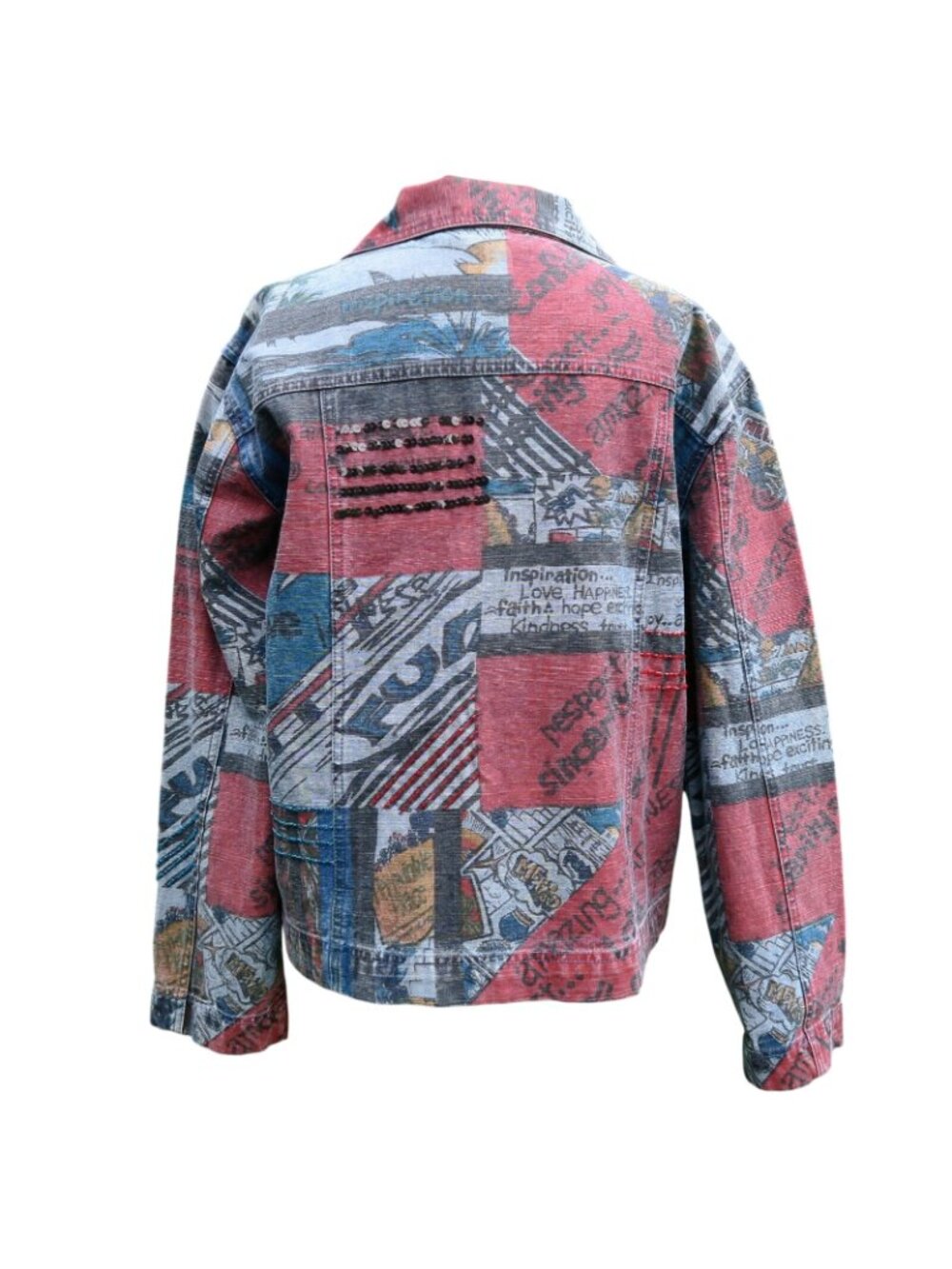 Chicos Embellished Patchwork Denim Jacket With Beads & Pockets Size 1 Medium - Picture 4 of 6